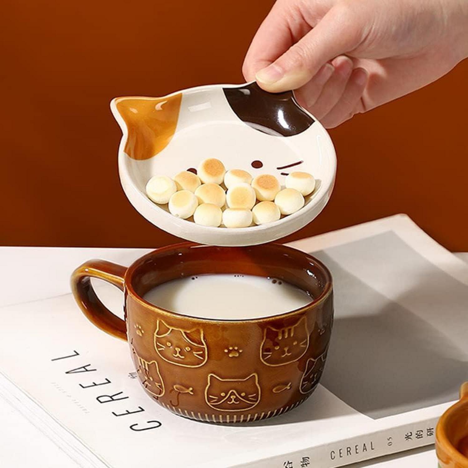 Lustige Katzen Kaffeetassen-Set mit Deckel, Tier Teetassen für Frauen