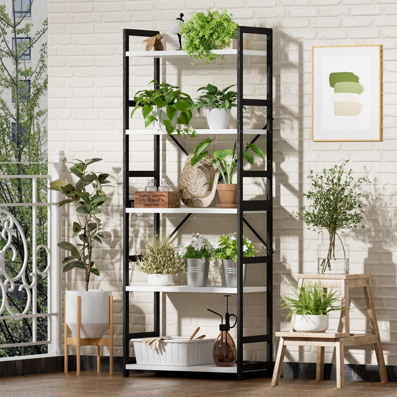 Bücherregal mit 5 Ebenen Holz Industrie-Style Lagerregal Weiß-schwarz