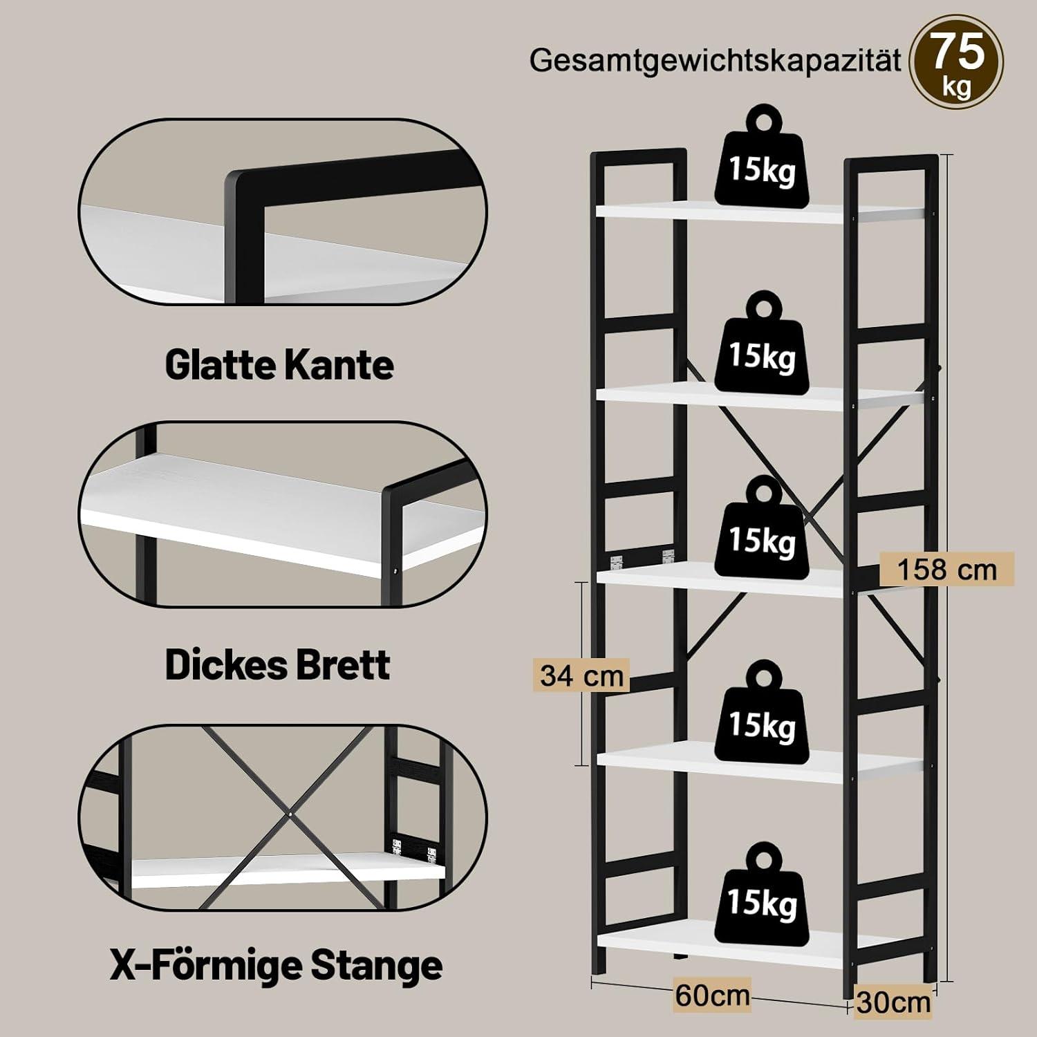 Bücherregal 5 Ebenen Standregal Holz Industrie-Style Lagerregal Büro