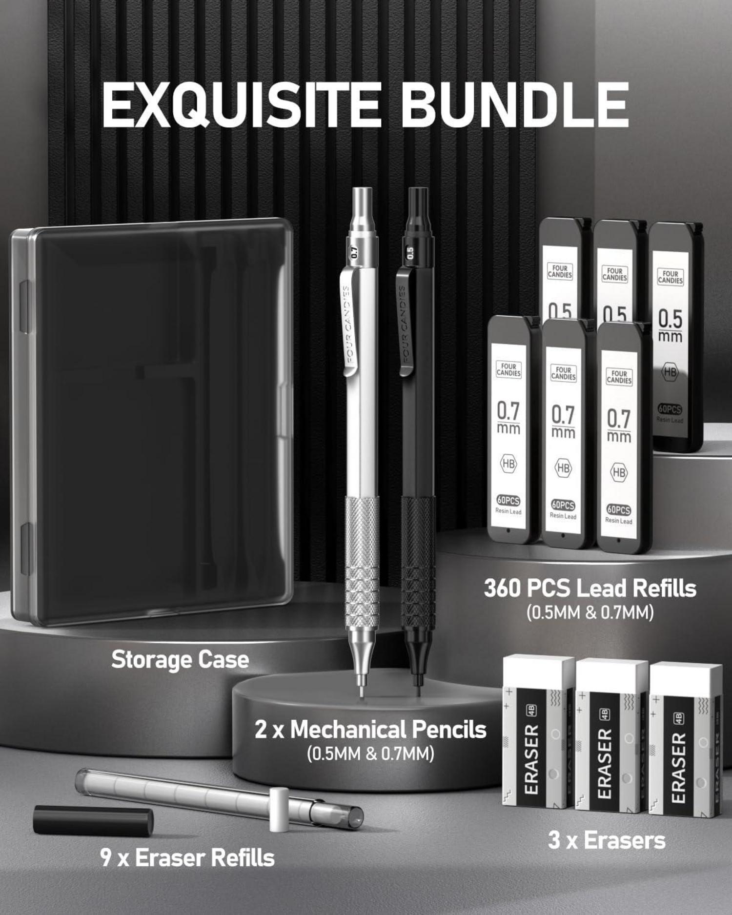 2Pcs Schwarz Silber Metal Mechanical Pencils Set mit 0.5mm 0.7mm
