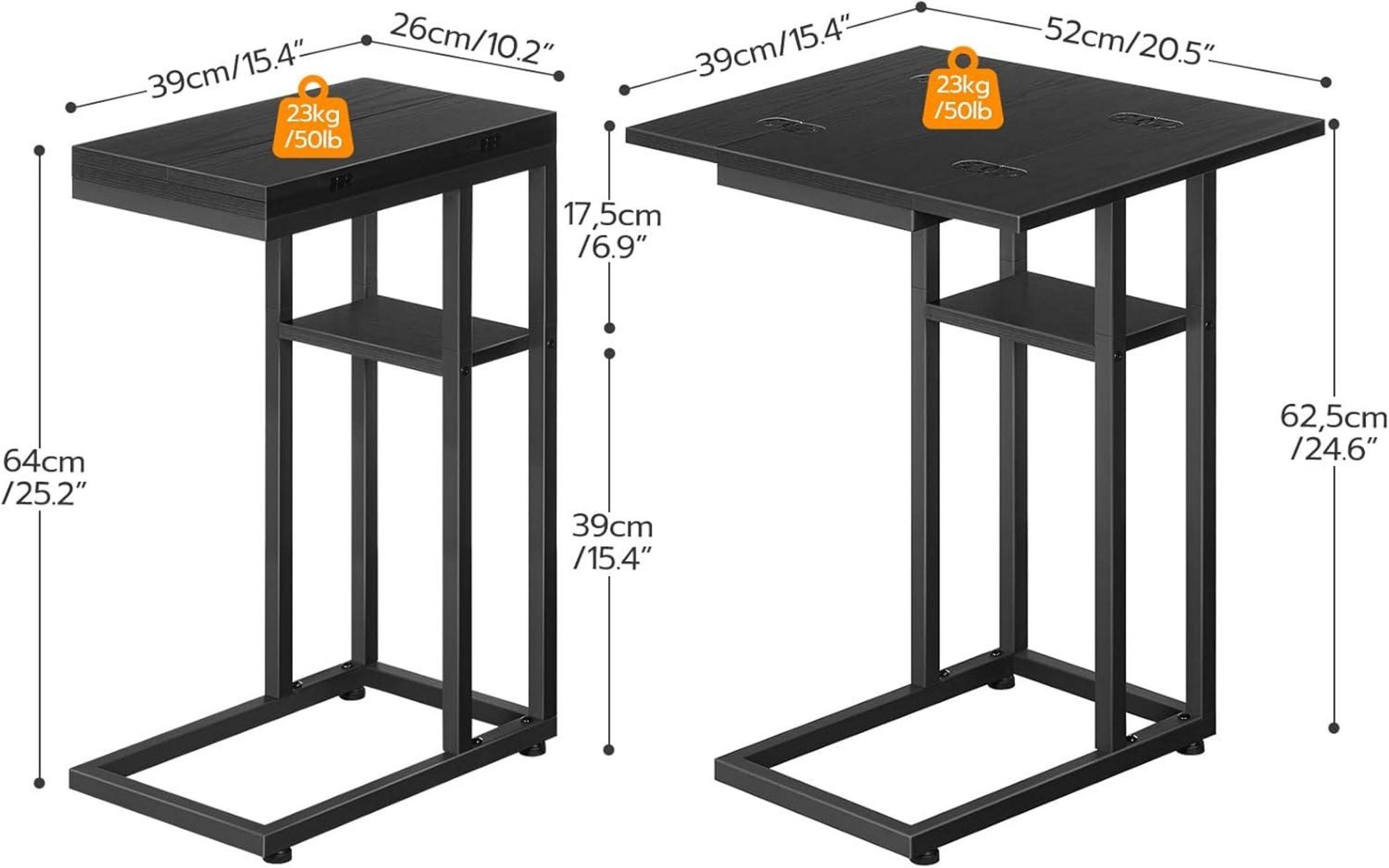 Modernes Klapp-Sofatisch mit Lagerregal, Schwarz