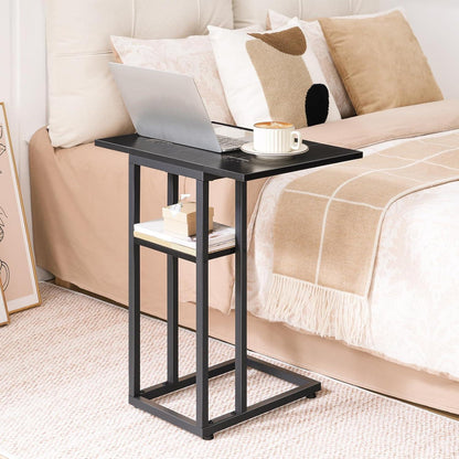 HOOBRO C-Form Beistelltisch Klappbarer Sofatisch Schwarz mit Lagerregal