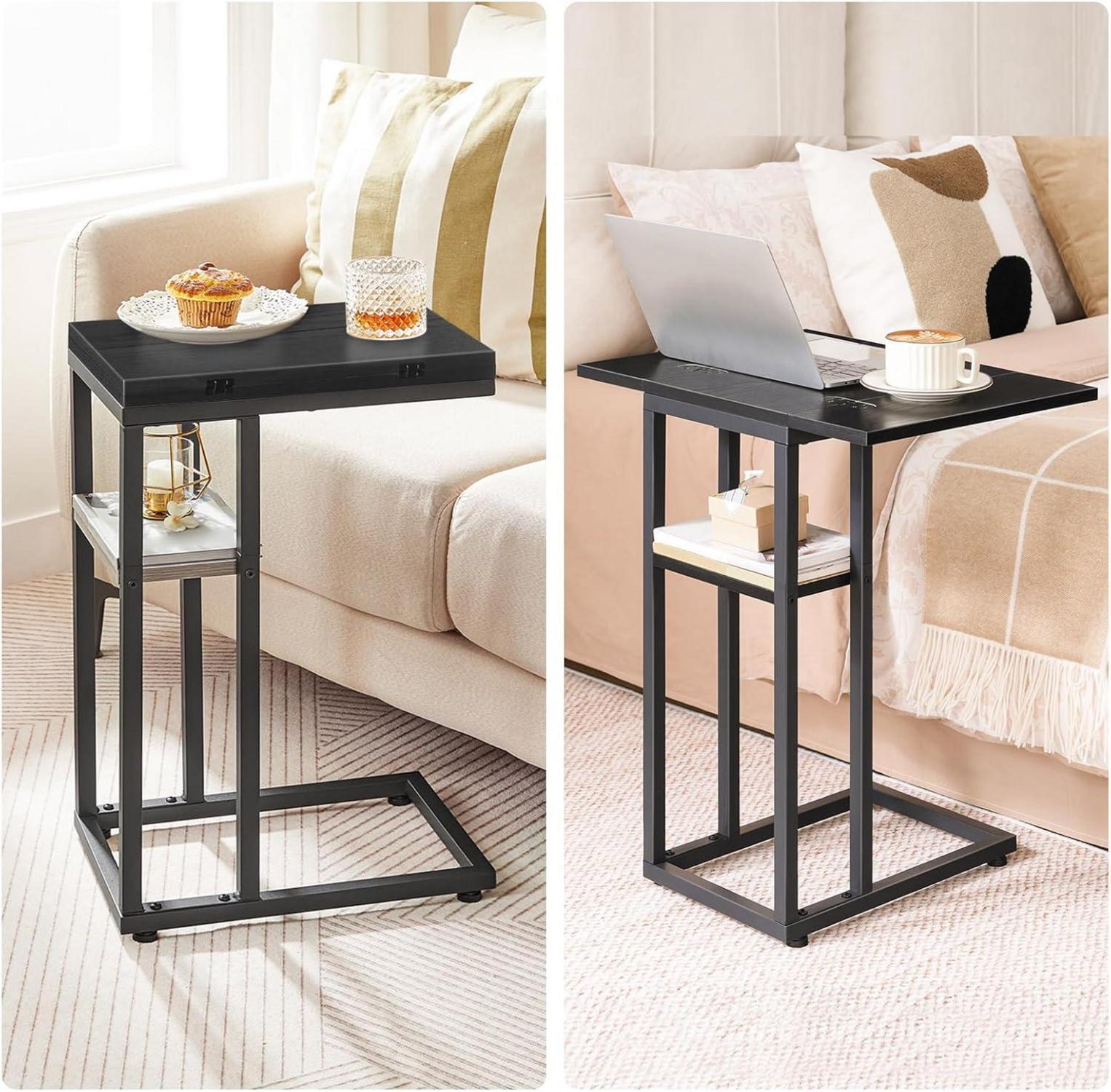 HOOBRO C-Form Beistelltisch Klappbarer Sofatisch Schwarz mit Lagerregal