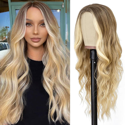 Lange gewellte Perücke braun blond mit Pony 26 Zoll