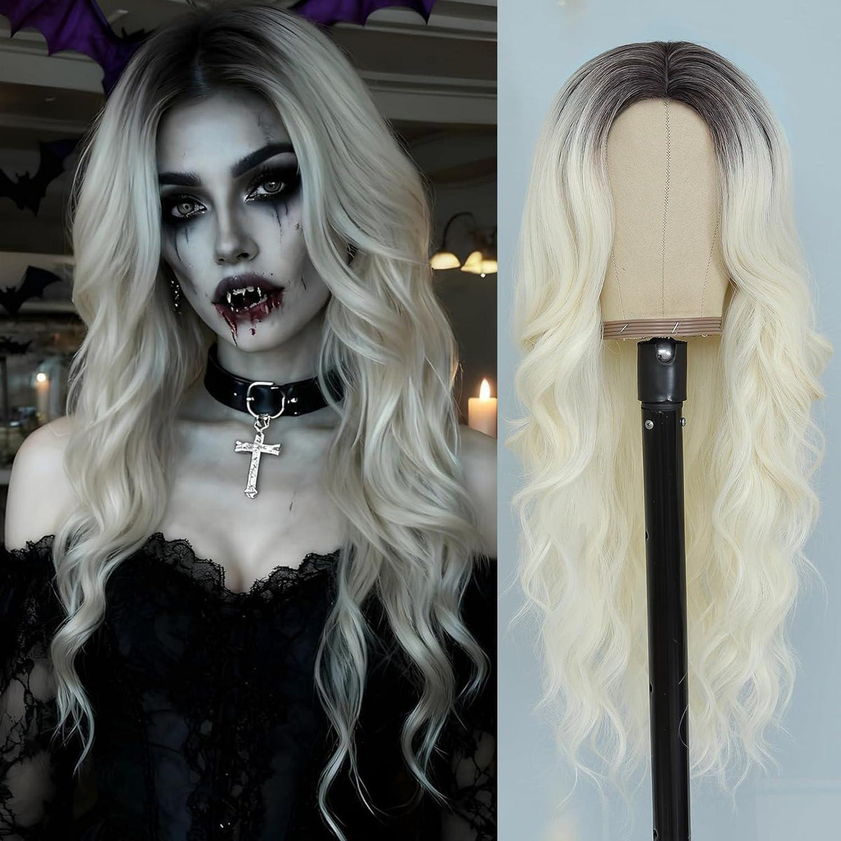 Hellblonde Wellenperücke Damenlang mit braunen Wurzeln