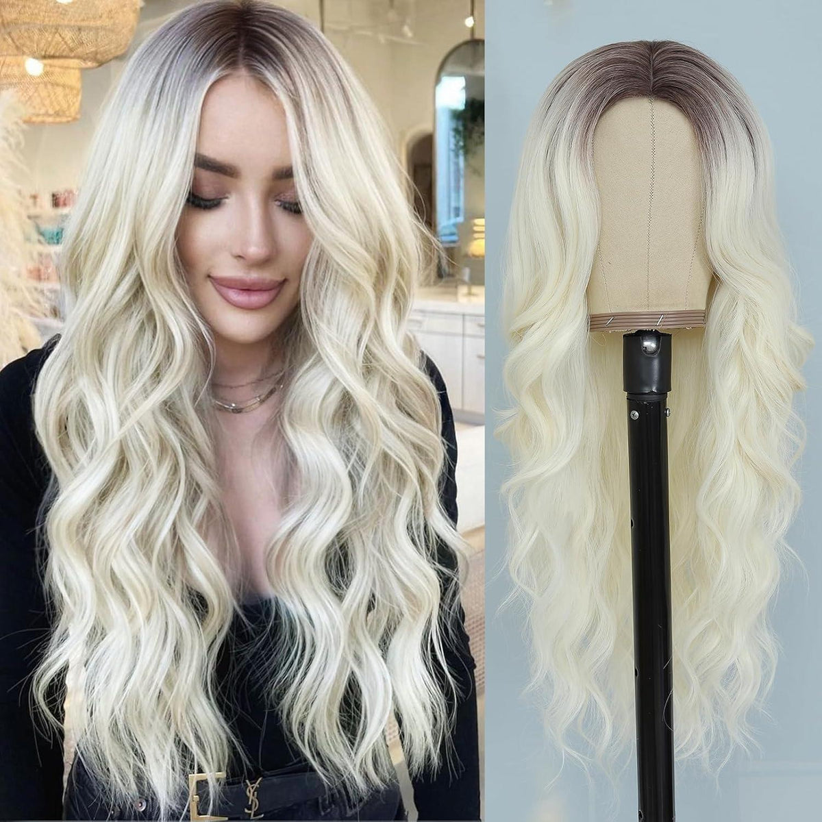 Hellblonde Wellenperücke Damenlang mit braunen Wurzeln