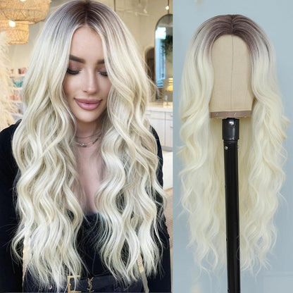 Hellblonde Wellenperücke Damenlang mit braunen Wurzeln