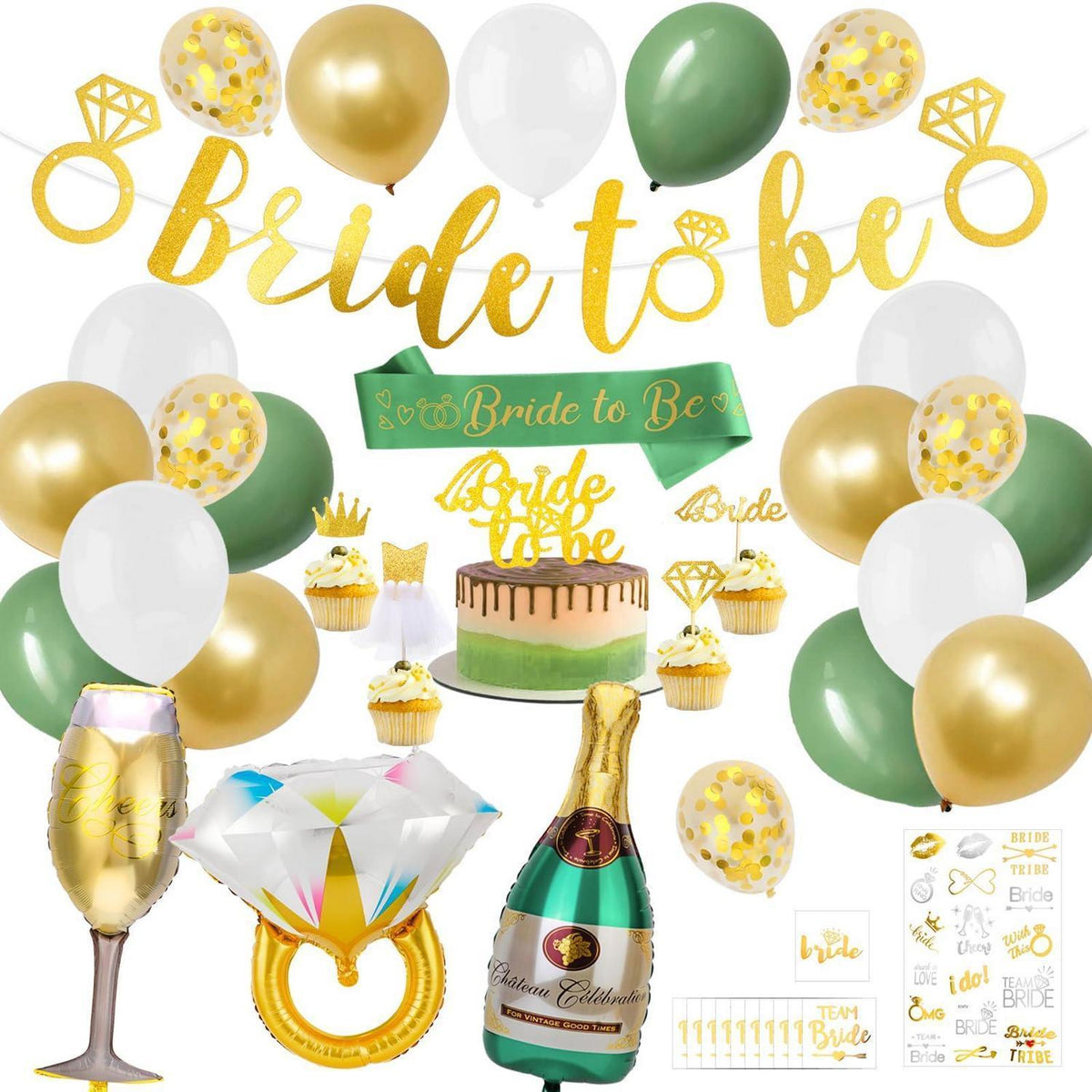 JGA Deko Set Grün – Girlande, Ballons & Accessoires für die Braut