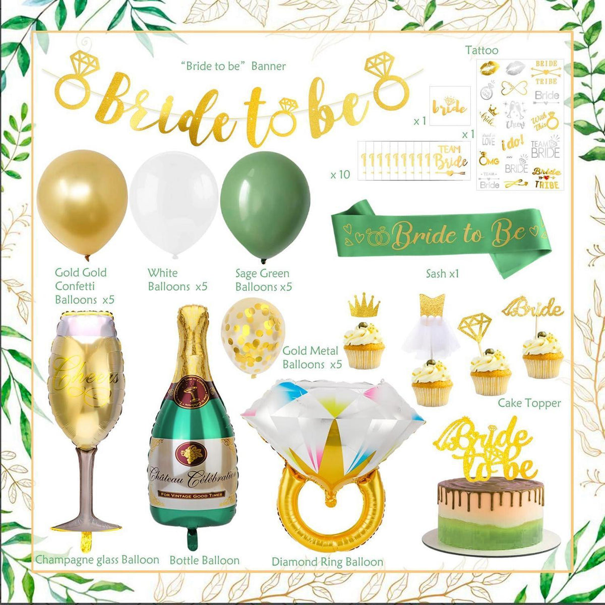 JGA Deko Set Grün – Girlande, Ballons & Accessoires für die Braut