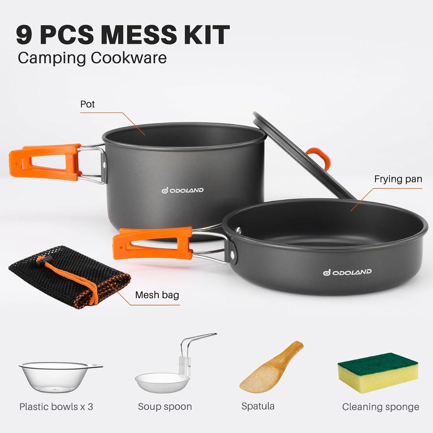 Odoland Camping Kochgeschirr Set 9-Teilig Outdoor Wandern Reisen