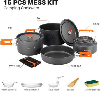 Odoland Camping Geschirr Set 15 Teilig Aluminium Outdoor Kochtopf Set für 4-5 Personen