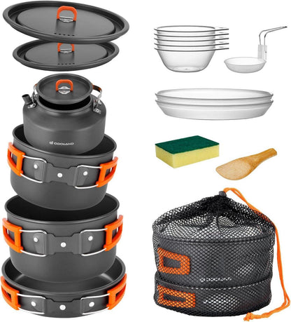 Odoland Camping Geschirr Set 15tlg Outdoor Kochtopf Bratpfanne Aluminium 4-5