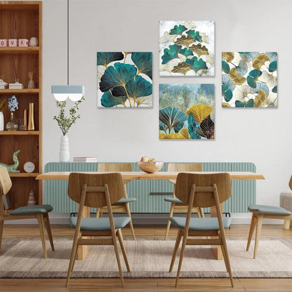 4er Set Leinwandbilder Ginkgo Biloba Blätter Kunstdruck - Moderne