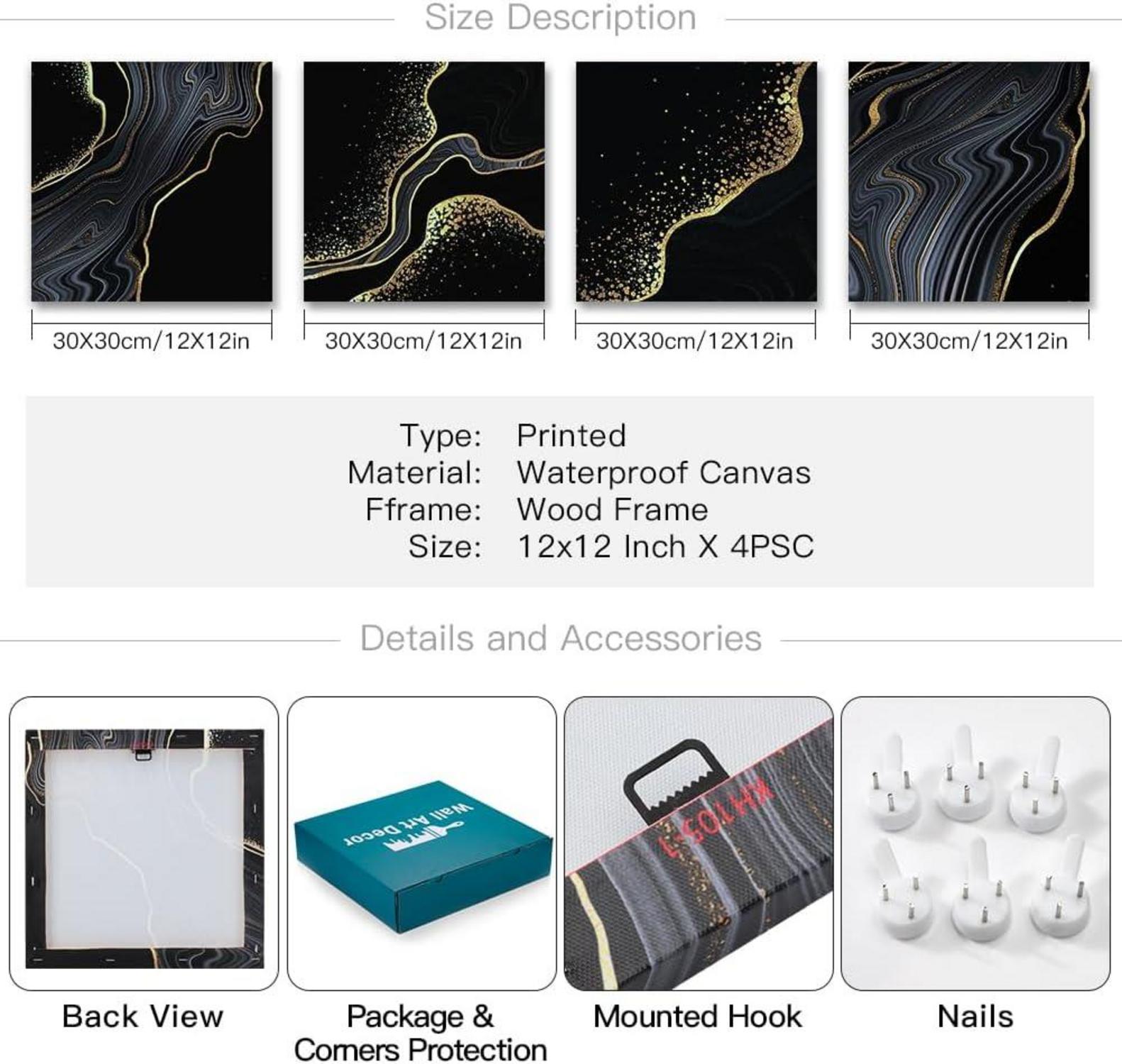 Leinwandbilder Marmor Schwarz Gold 4-teilig 30x30cm Wanddekoration