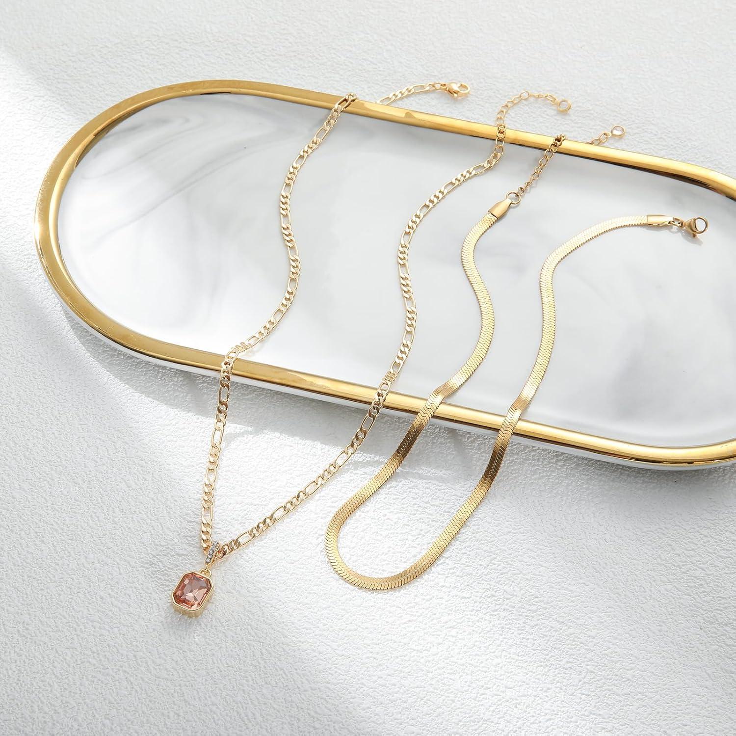 Goldene Geschichtete Halskette mit Kristallanhänger 18K Vergoldet Gelb