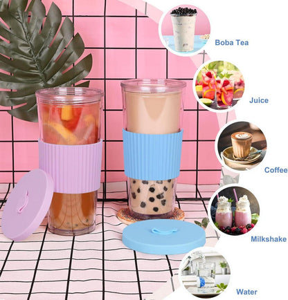 24oz Bubble Tea Becher mit Deckel und Strohhalm, 2er Pack