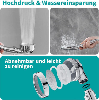 Duschkopf Wassersparend mit Wasserstop Funktion und 3 Strahlarten, Chrom
