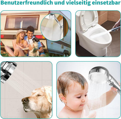 Wassersparender Duschkopf mit Wasserstop-Funktion, 3 Strahlarten - Chrom