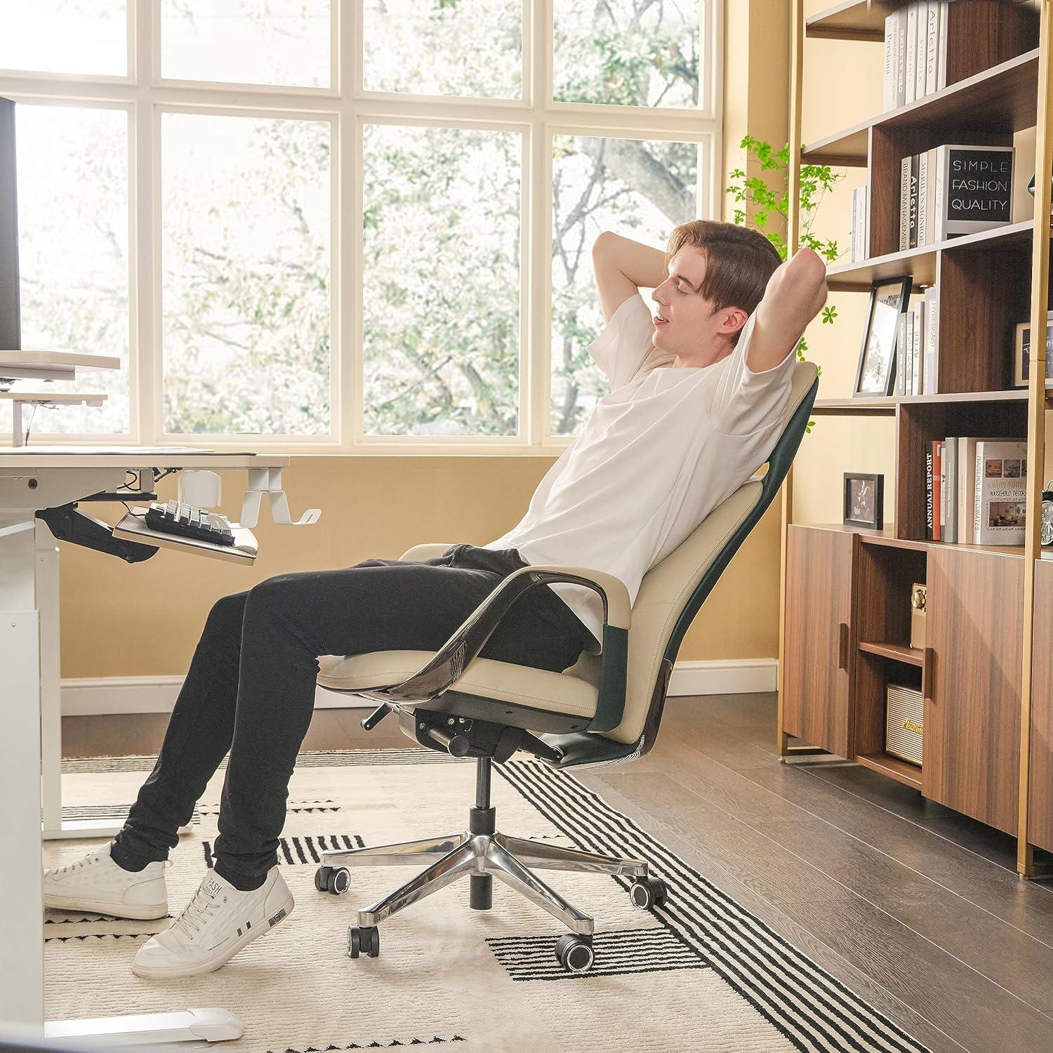 EUREKA ERGONOMIC Chefsessel Leder cremefarben, Business Drehstuhl mit hoher Rückenlehne