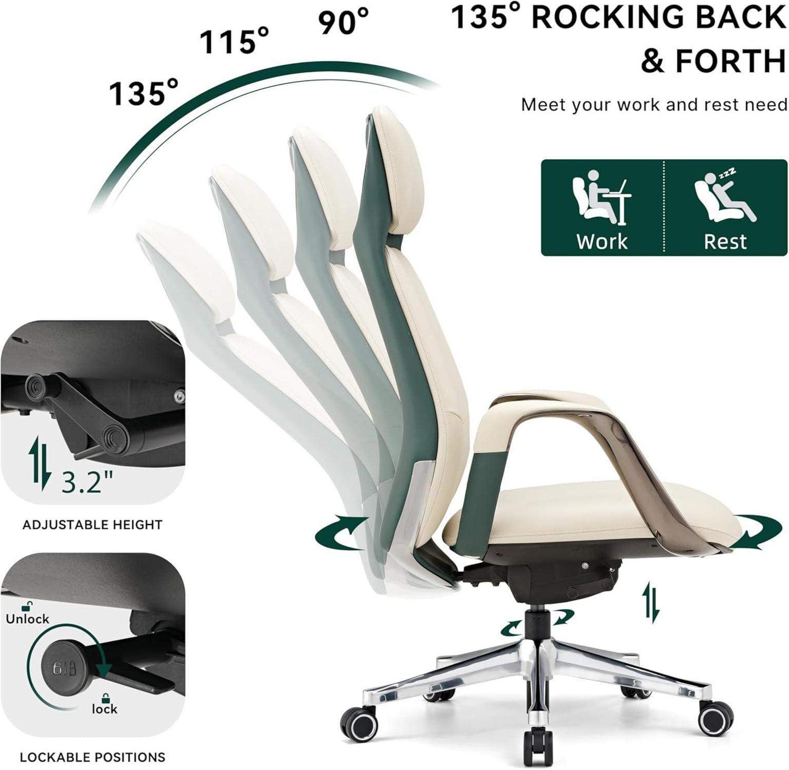 EUREKA ERGONOMIC Chefsessel Leder cremefarben, Business Drehstuhl mit hoher Rückenlehne