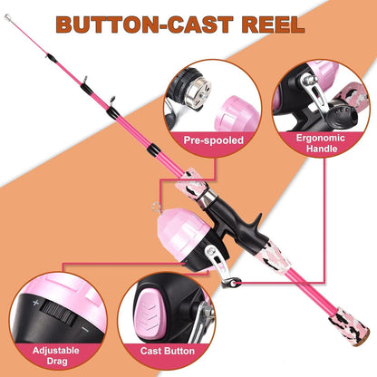 Kinder Angelset Teleskop Rute Rolle Köder 1,5m Pink Tragetasche