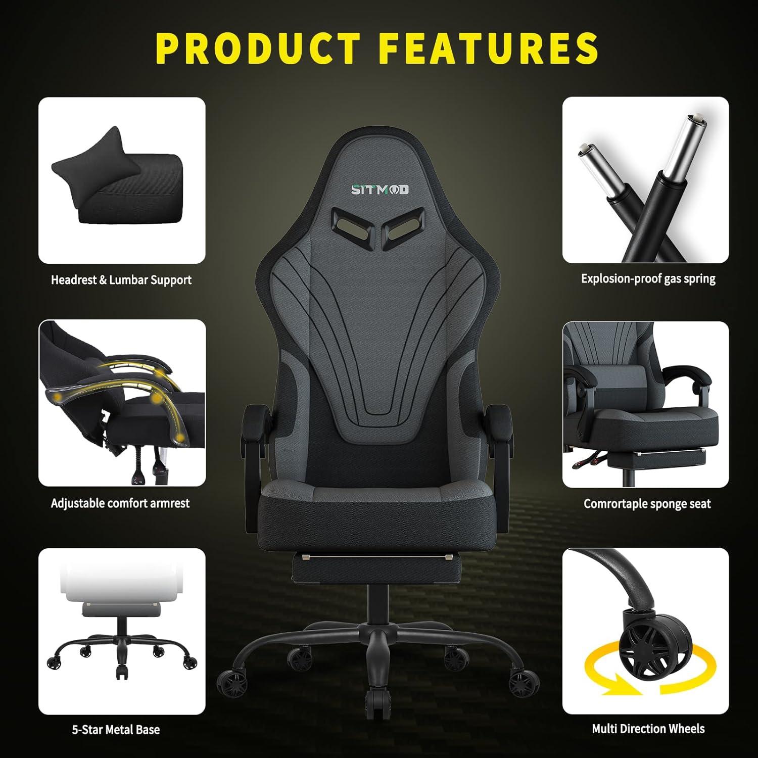 Ergonomischer Gaming Stuhl mit Fußstütze, Massage, Lendenwirbelstütze - Grau