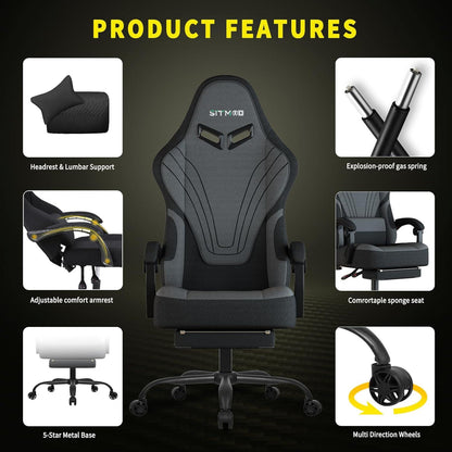 Ergonomischer Gaming Stuhl mit Fußstütze, Massage, Lendenwirbelstütze - Grau