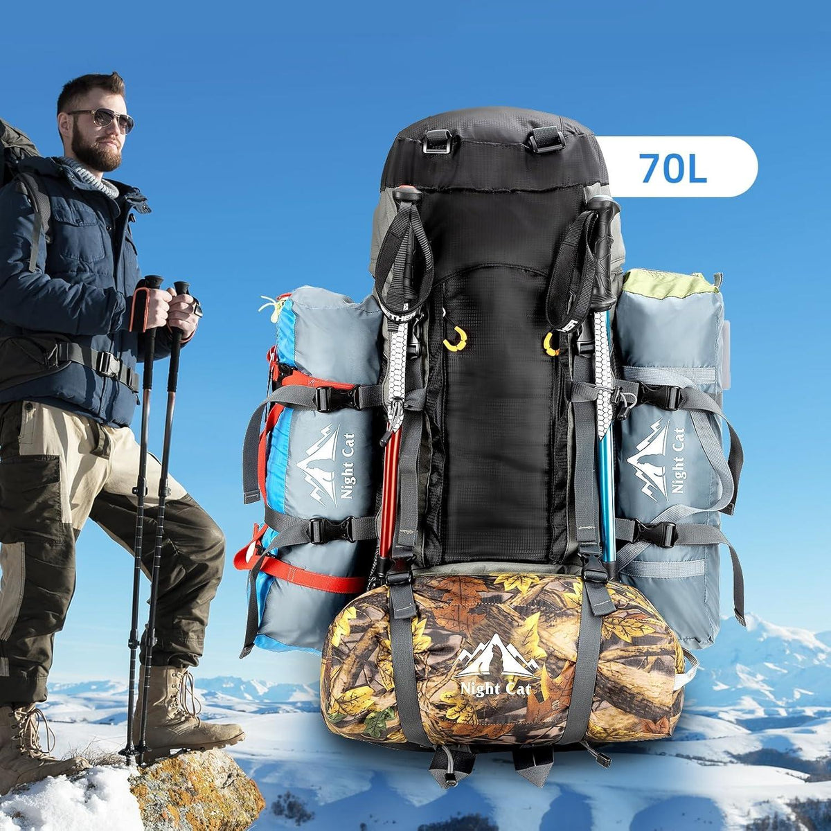 Night Cat 70L Wanderrucksack Trekkingrucksack Herren Damen Schwarz