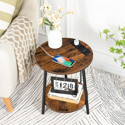 Runder Beistelltisch mit Ladestation 2 Ebenen Vintage Schwarz