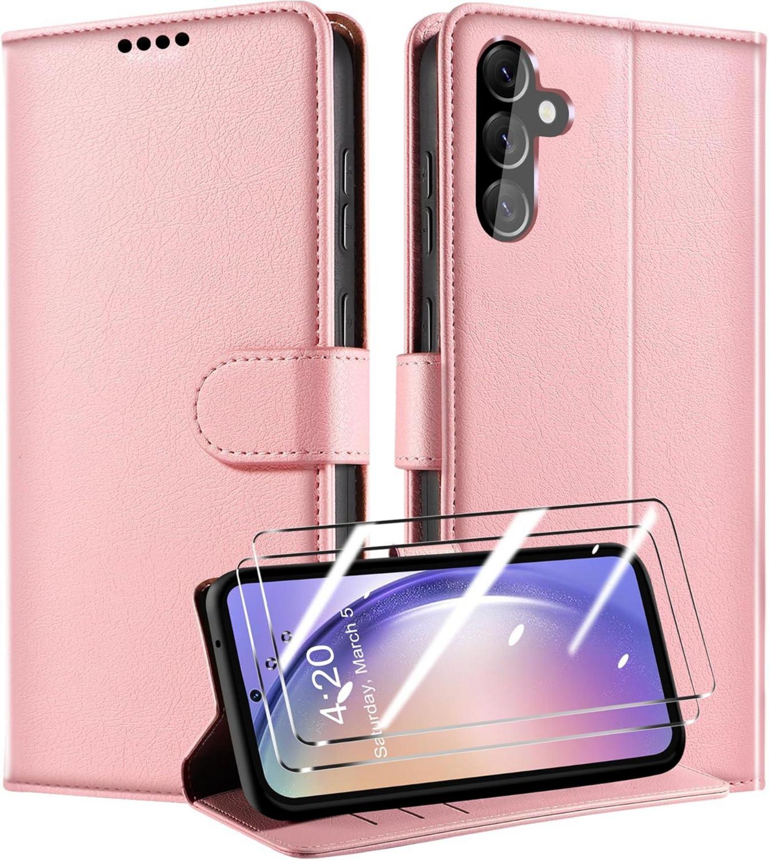 Samsung Galaxy A54 5G Handyhülle PU Schutz Case + 2 Panzer Glas - Rosa