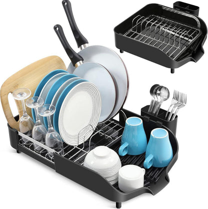 Erweiterbares Geschirrabtropfgestell mit Besteckhalter, Schwarz