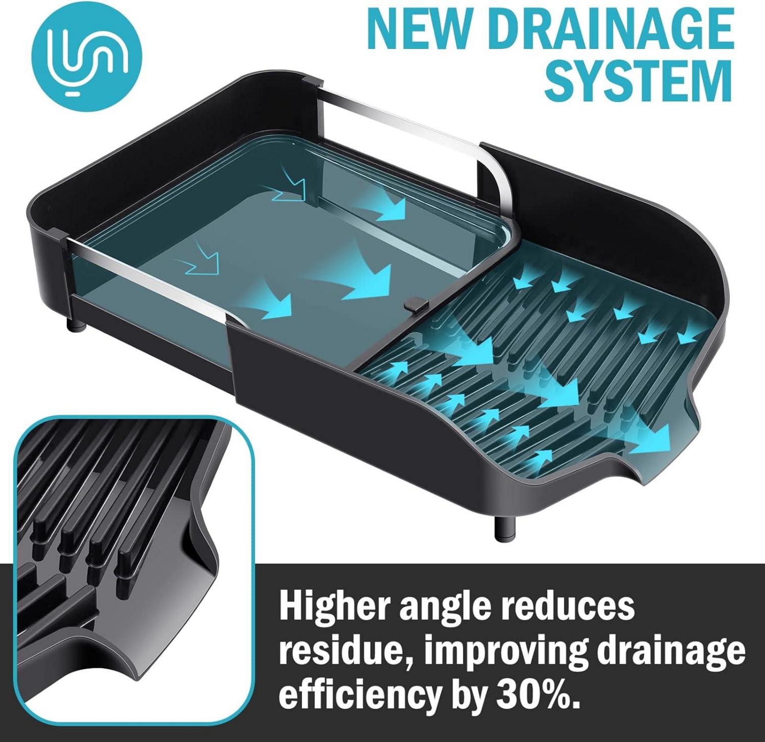 Erweiterbares Geschirrabtropfgestell mit Besteckhalter, Schwarz