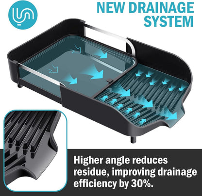 Erweiterbares Geschirrabtropfgestell mit Besteckhalter, Schwarz