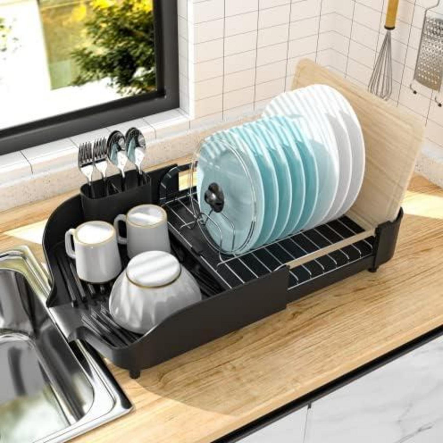 Verstellbares Geschirrabtropfgestell mit Besteckhalter, Kratzfest - Schwarz