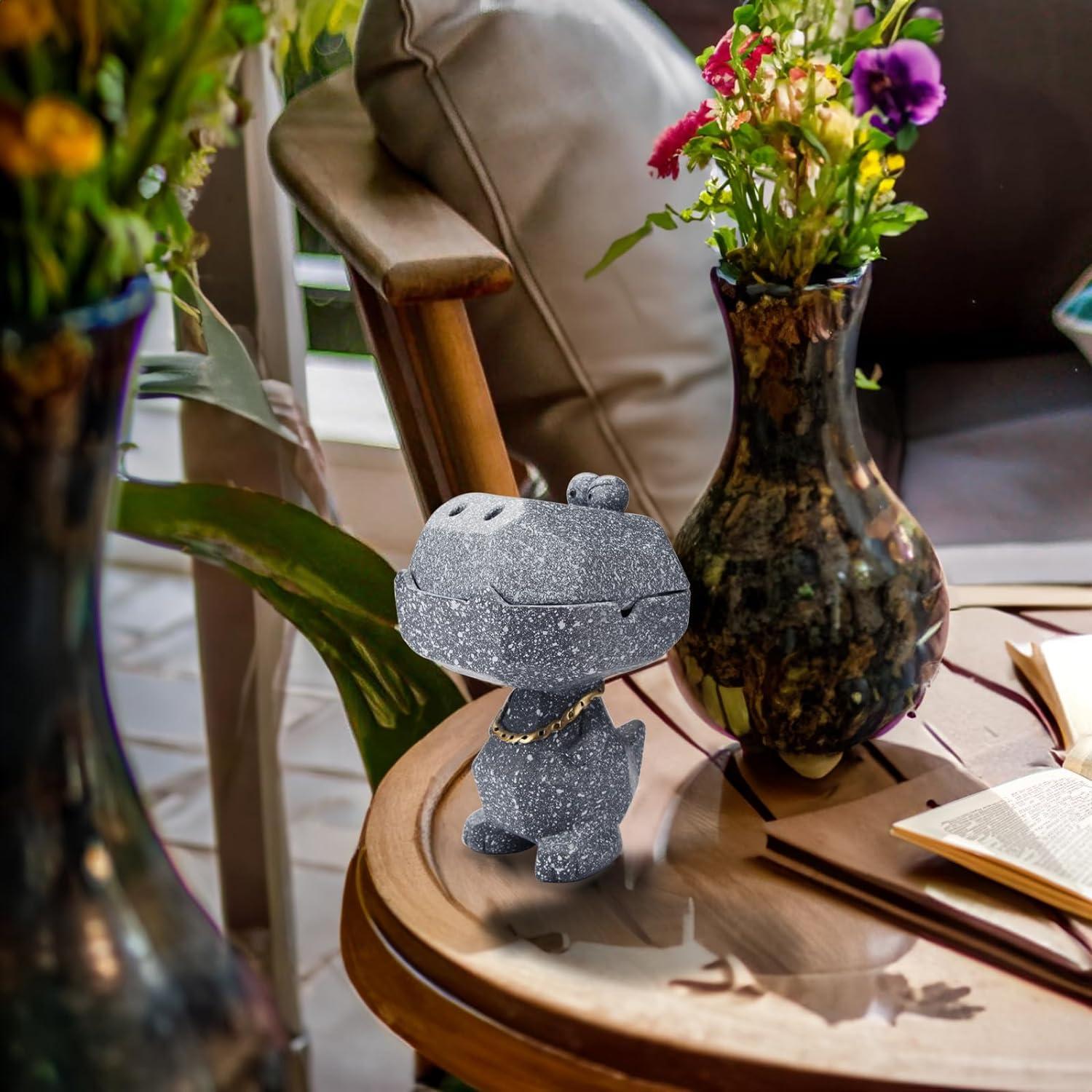 Großer Windaschenbecher mit Deckel und Krokodil-Deko 14cm Grau