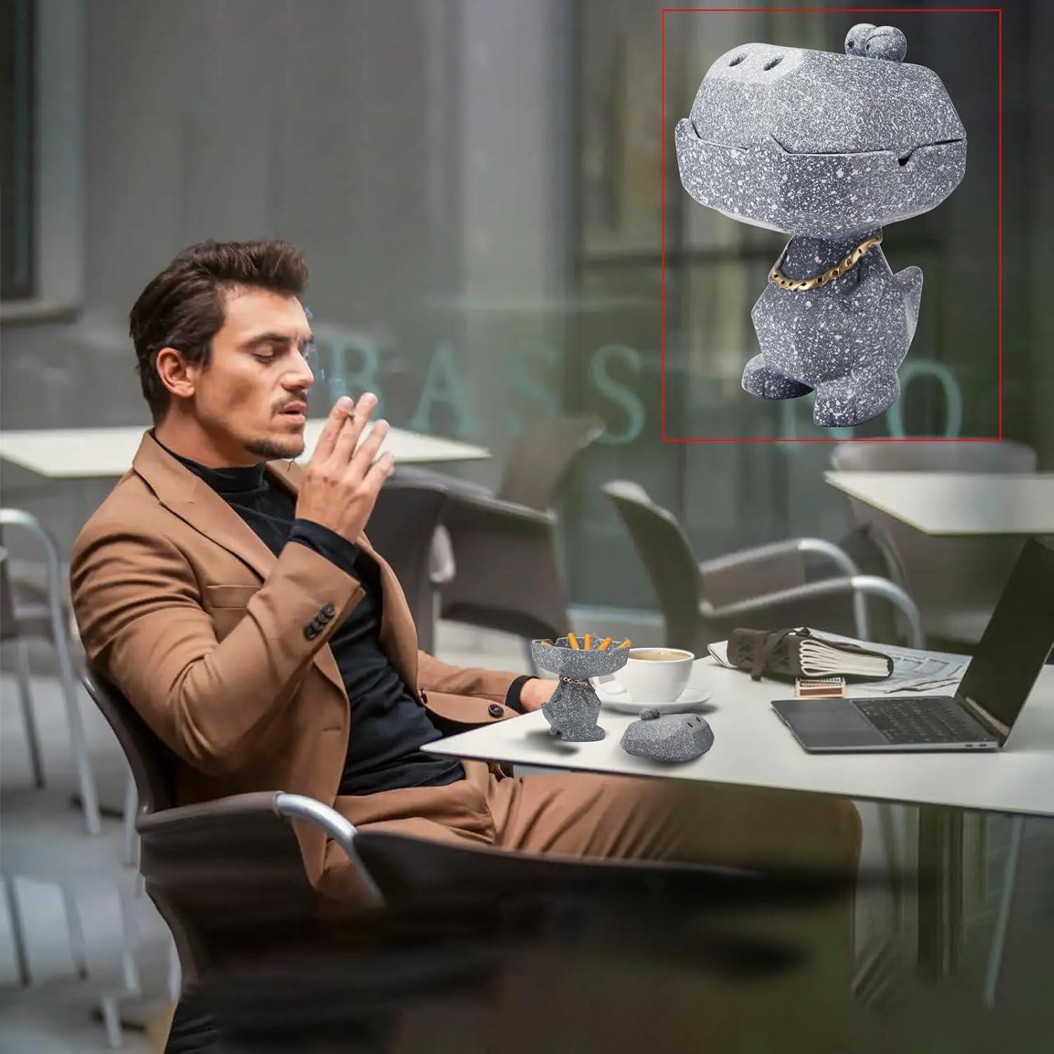 Großer Windaschenbecher mit Deckel und Krokodil-Deko 14cm Grau