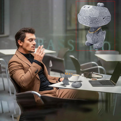 Großer Windaschenbecher mit Deckel und Krokodil-Deko 14cm Grau