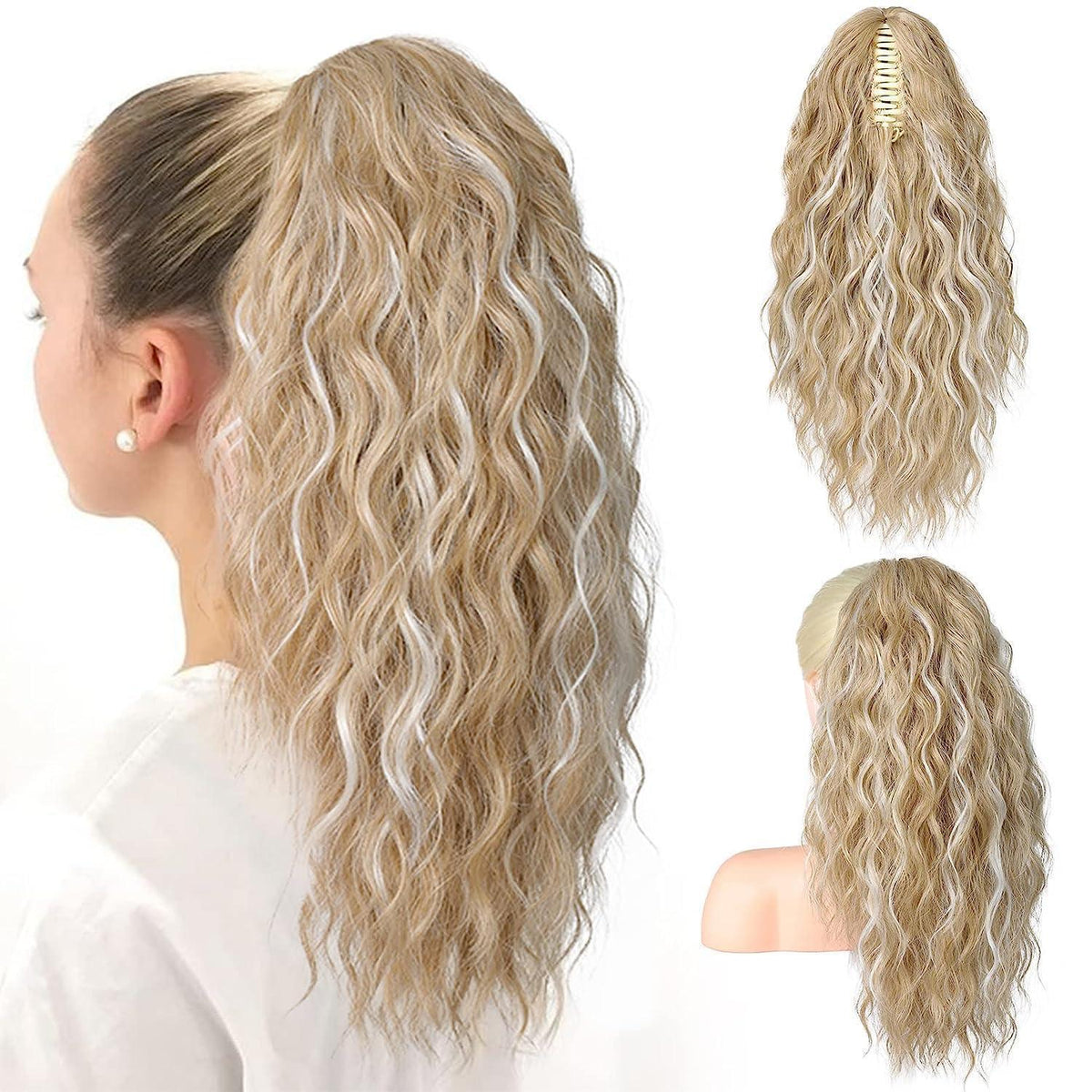 Blonder Pferdeschwanz mit Locken & Klammer – 45cm Haarverlängerung