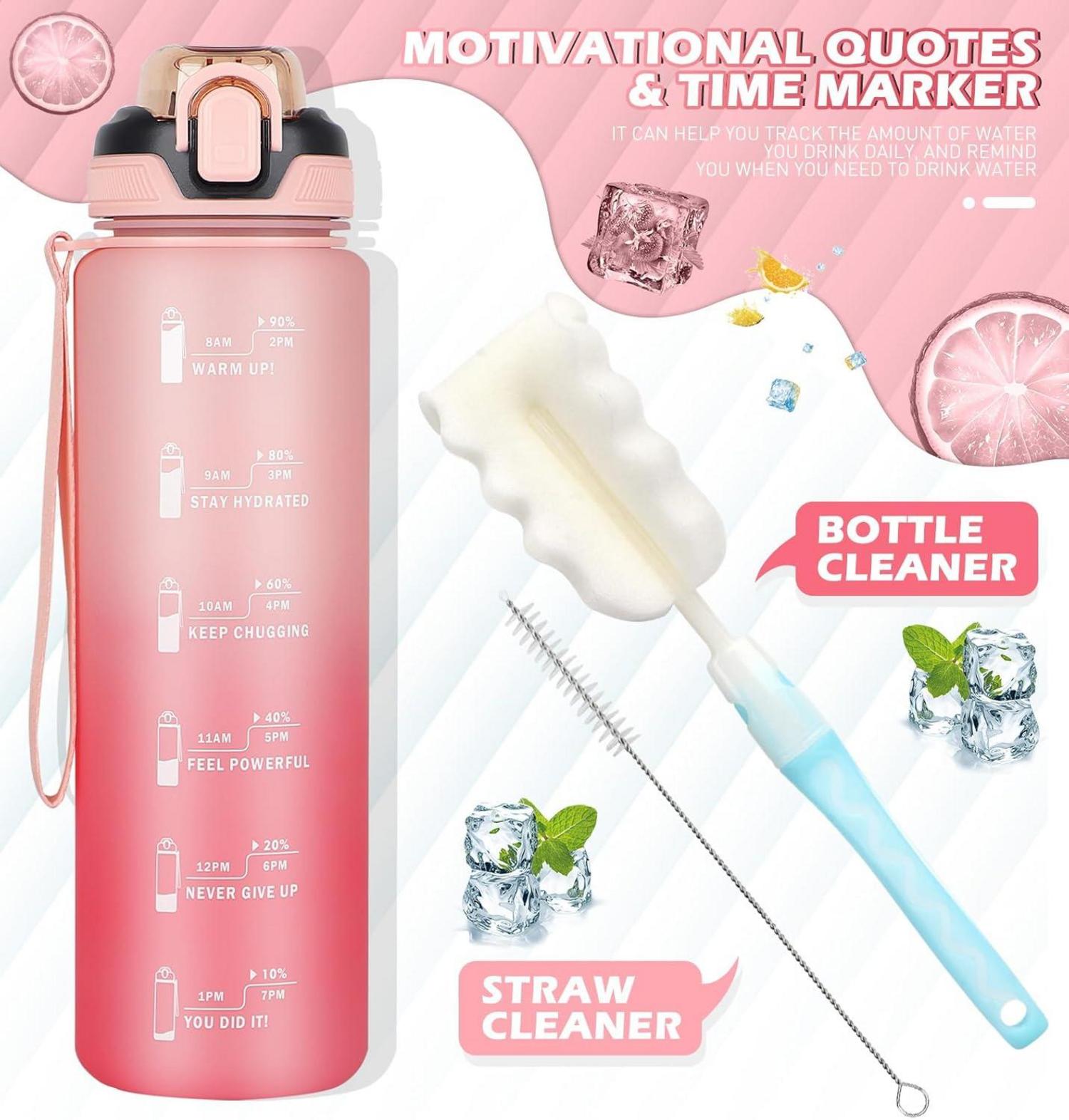 Trinkflasche 1l mit Strohhalm, Zeitmarkierung, Rosa|^|Nicht