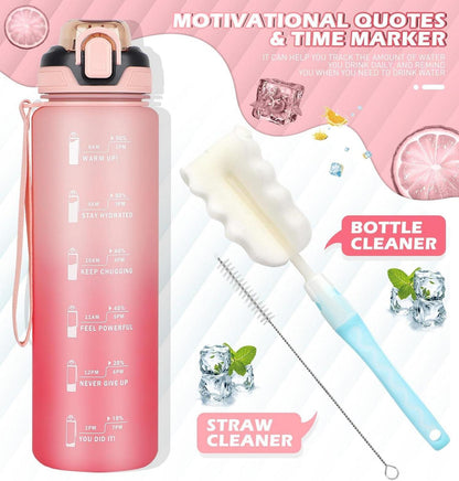 Trinkflasche 1l mit Strohhalm, Zeitmarkierung, Rosa|^|Nicht