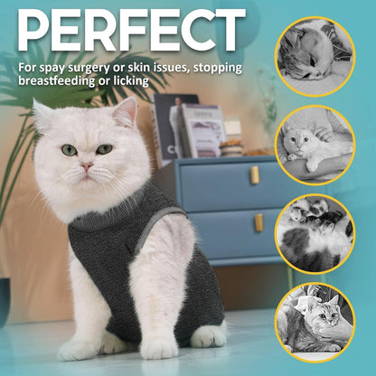 Cat Recovery Suit Modal Material Adjustable Elastic Cord Suit-Suitable for Cat Postoperative, Kastration, Wound Prevention-Dark Grey S