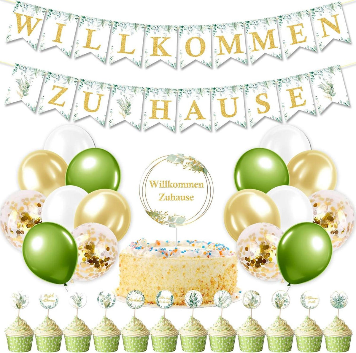 Willkommen Zuhause Baby Deko Set Eukalyptus Grün Girlande Luftballons