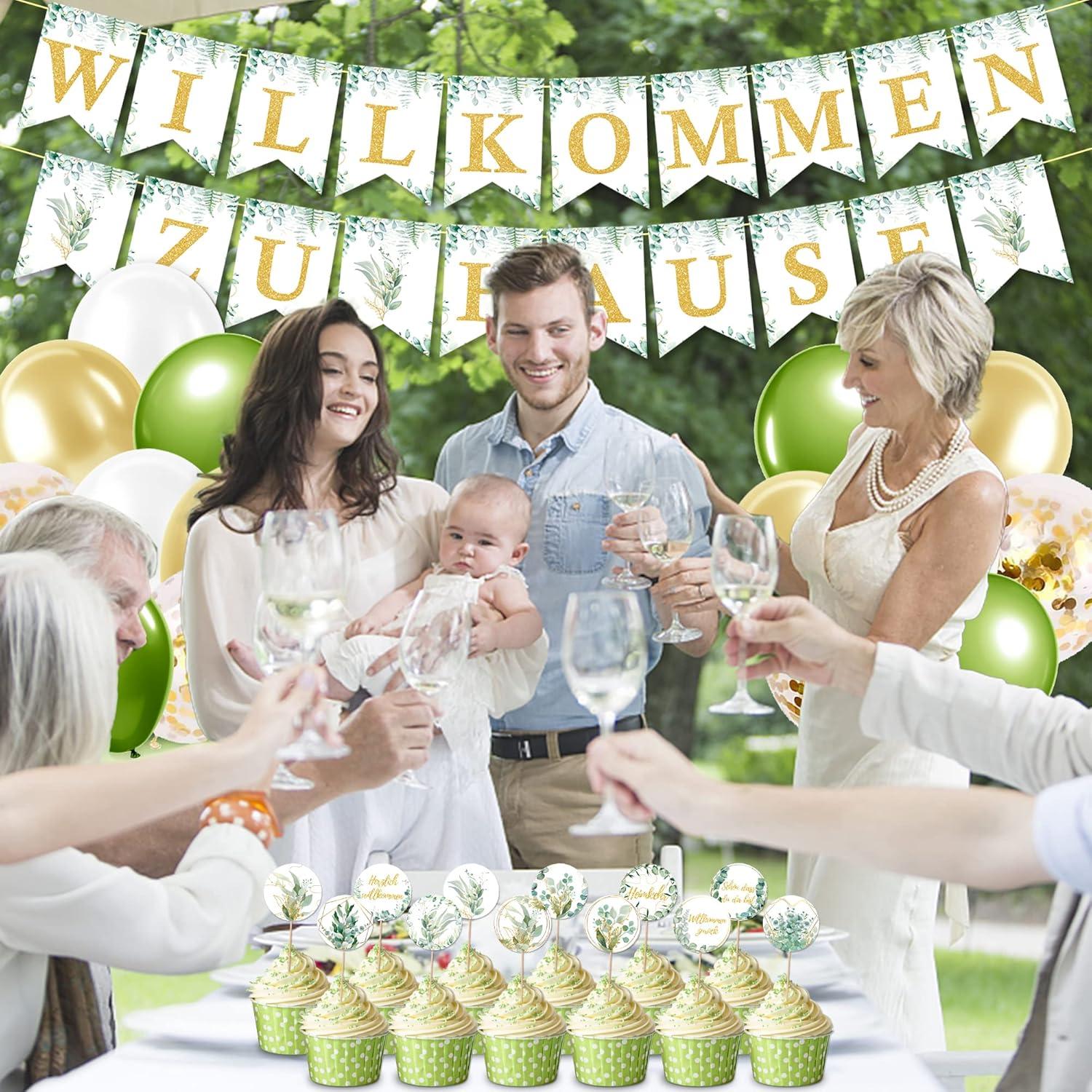 Willkommen Zuhause Baby Girlande Luftballons Tortendeko Eukalyptus Grün