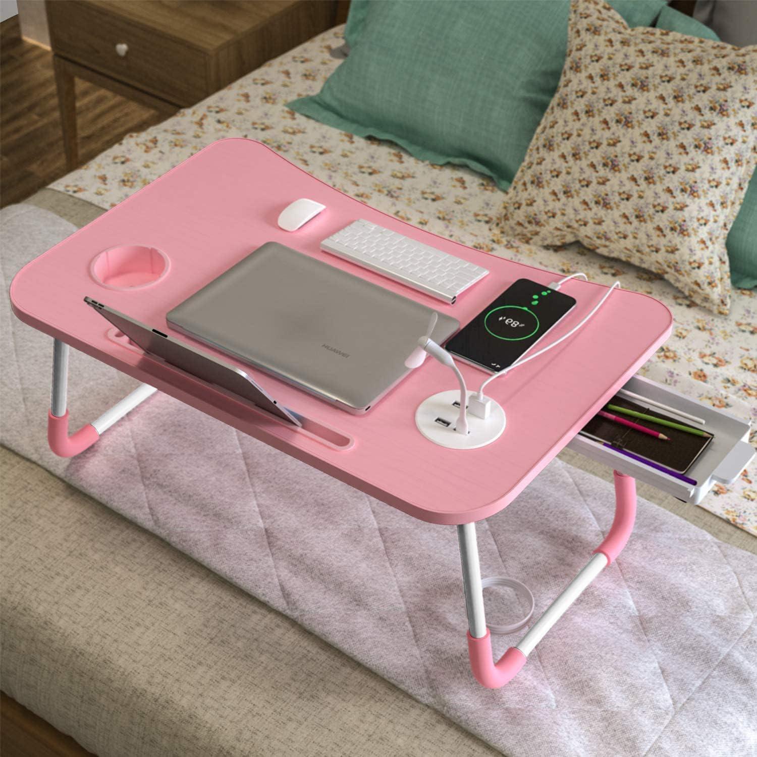 Tragbarer Laptoptisch Faltbarer Notebooktisch Betttisch Pink Tassenschlitz