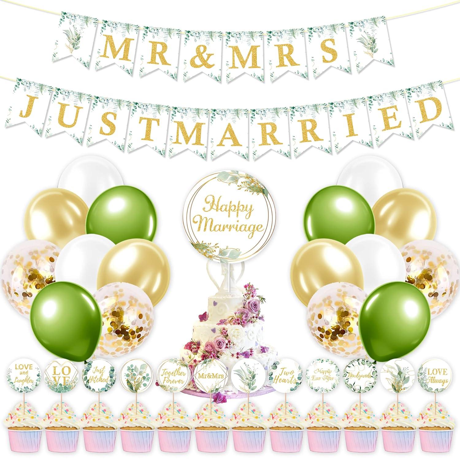 Hochzeit Just Married Deko Set Eukalyptus Grün Banner Ballons
