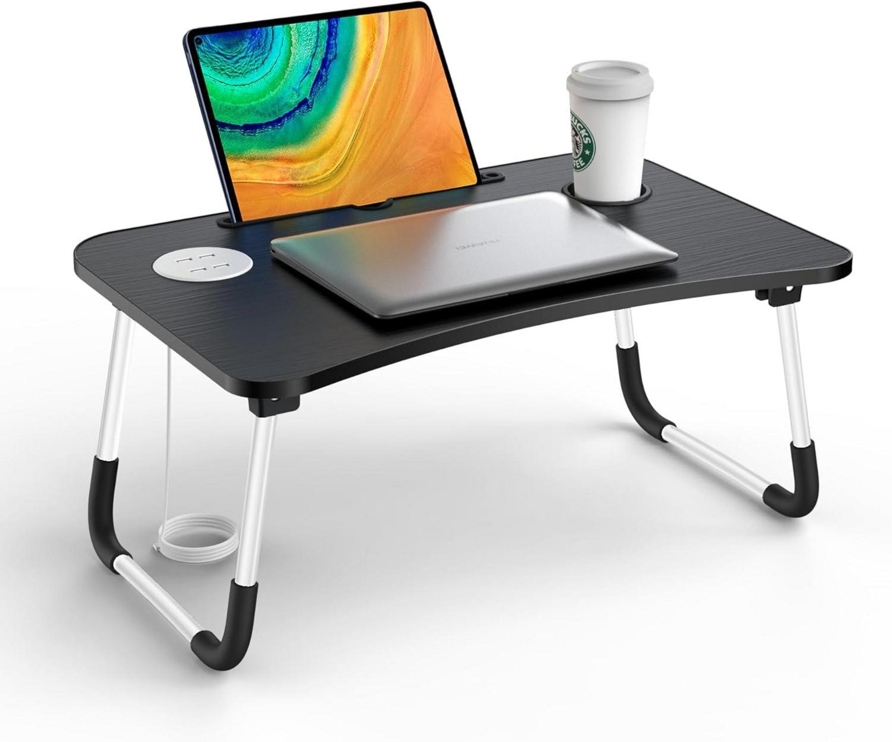 Tragbarer Laptoptisch mit Tassenschlitz und USB, Faltbarer Notebooktisch, Schwarz