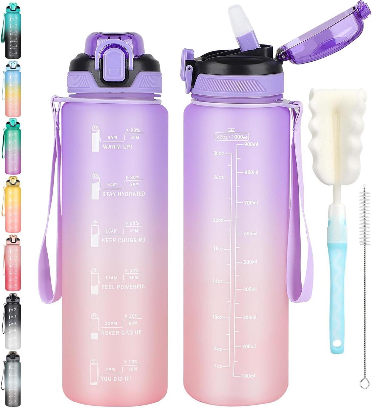 Trinkflasche mit Strohhalm 1l Zeitmarkierung lila/rosa