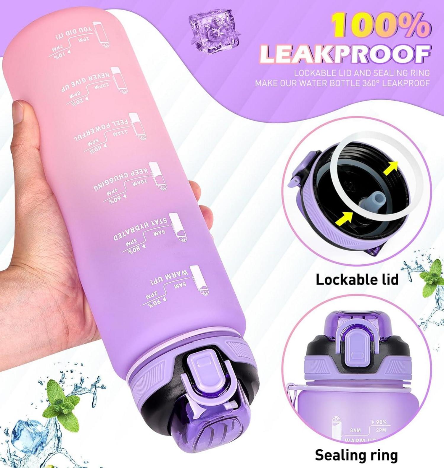 Sport Trinkflasche 1l mit Strohhalm Zeitmarkierung Lila Rosa
