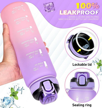 Sport Trinkflasche 1l mit Strohhalm Zeitmarkierung Lila Rosa