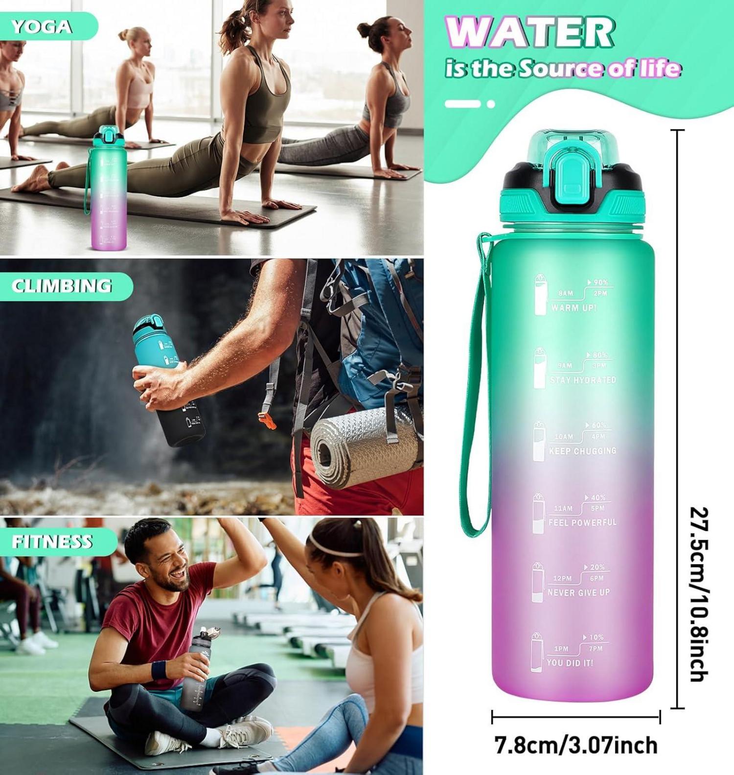 Sport Trinkflasche 1l mit Strohhalm Zeitmarkierung Spülmaschinenfest Grün